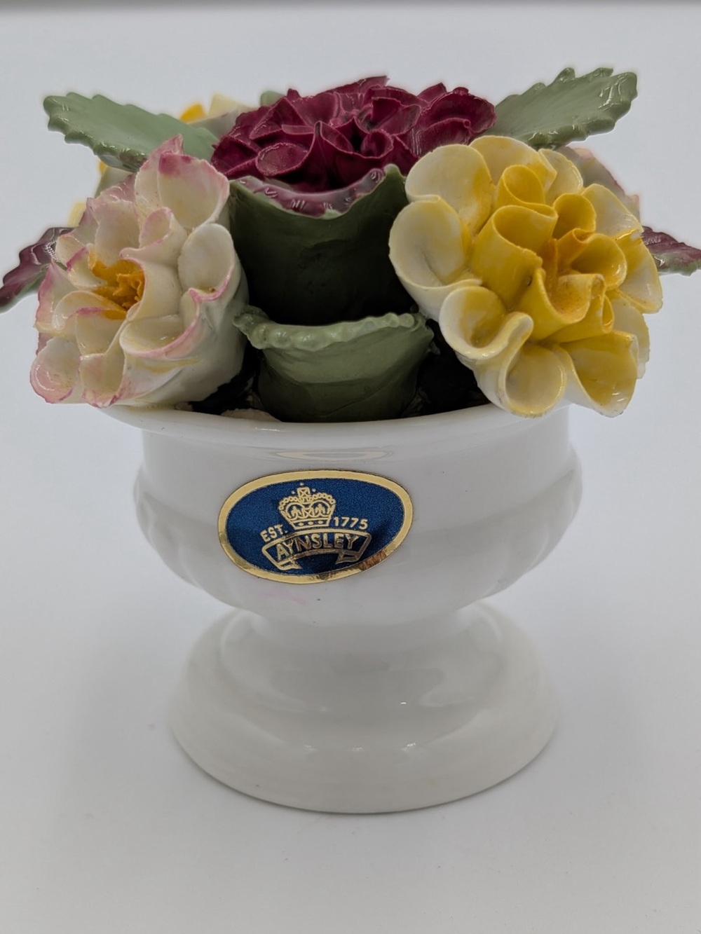 Aynsley Porcelain Floral Pedestal Vase — Yellow, Pink, Burgundy